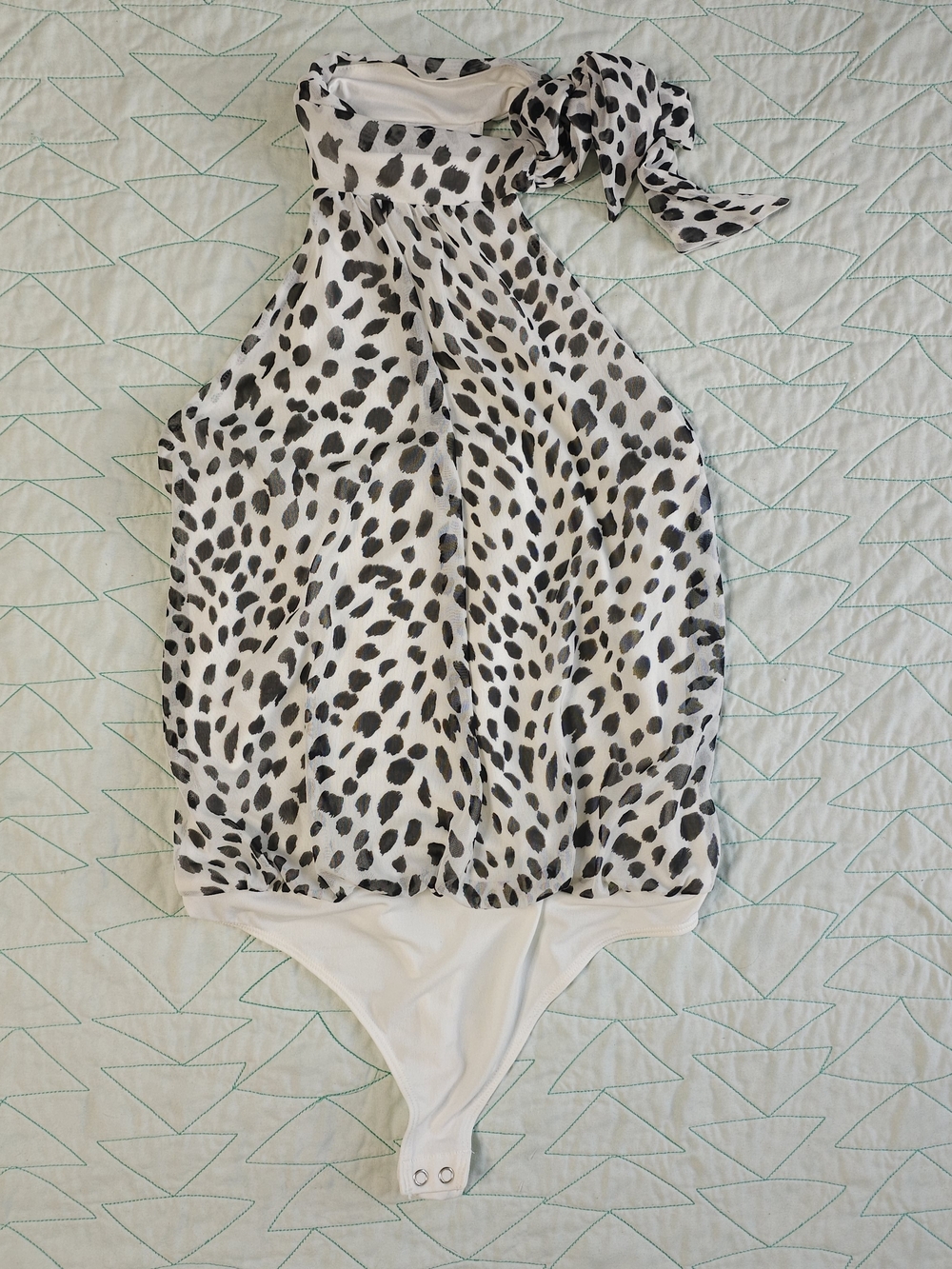 Express White Black Dalmation Animal Print Halter Tie Neck Thong Bodysuit